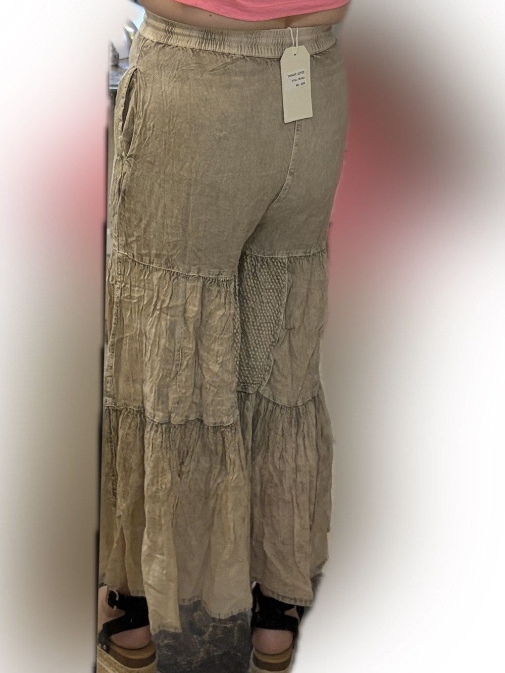 NWT- Tiered Wide-Leg Patchwork Pants - Latte Young Threads - Picture 10 of 14
